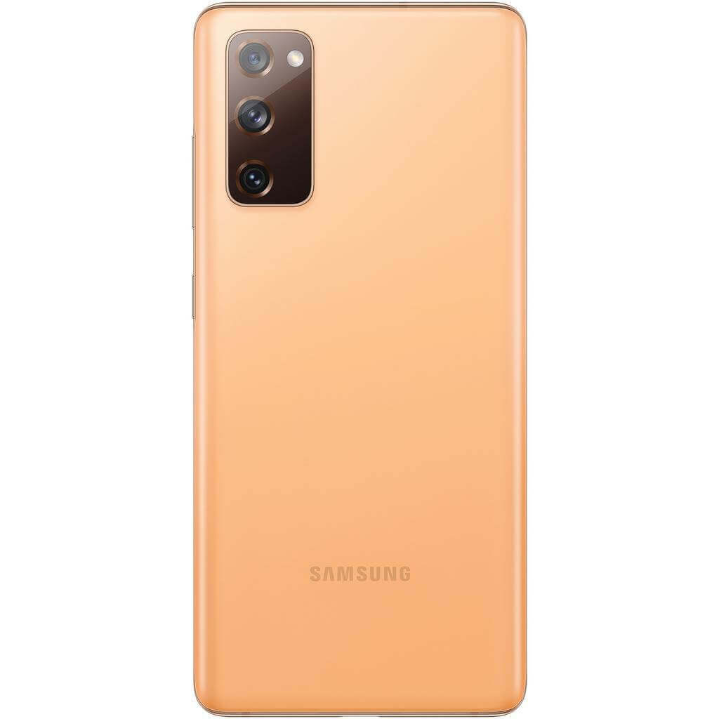 Orange Samsung smartphone with three cameras.