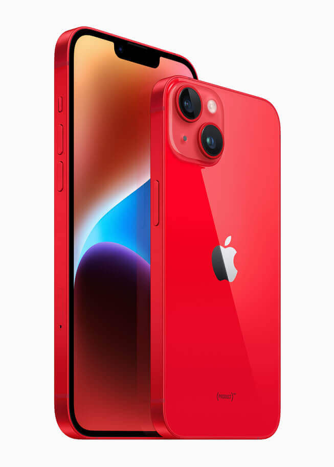 Red Apple iPhone 14, sleek design.