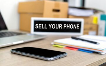 Mobile phone on desk with sign.