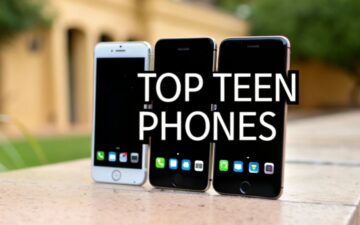 Three smartphones with text overlay.