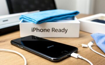 Smartphone charging on a wooden table