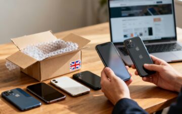 Person evaluating multiple smartphones for trade-in.