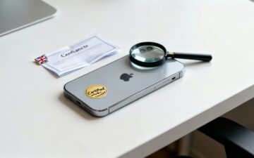 Refurbished iPhone with certification documents.