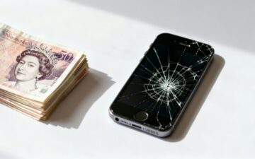 Broken phone next to cash notes.