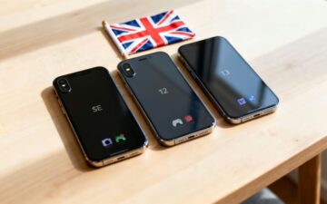 Three iPhones with a UK flag.