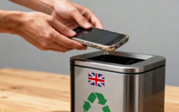 Person recycling mobile phone in bin