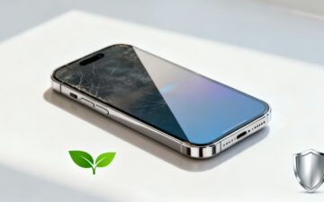 Damaged phone with protective symbols.