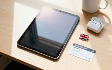 Damaged tablet on wooden table.