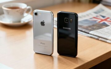 iPhone and Samsung phones on table