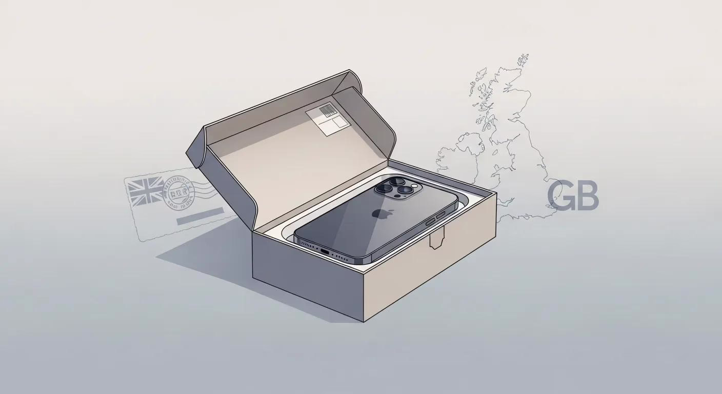 iPhone in open shipping box with UK map and shipping label, illustrating safe shipping practices for selling tech.