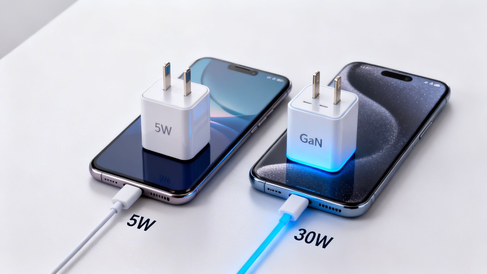 Two smartphones on a white surface, one charging with a 5W charger, the other with a 30W GaN charger.