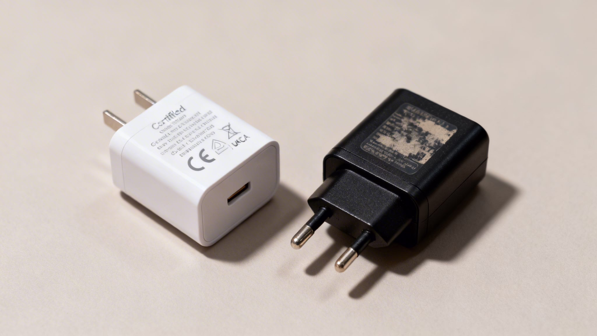 Two distinct phone chargers, one white with US prongs, the other black with EU prongs, on a light surface.