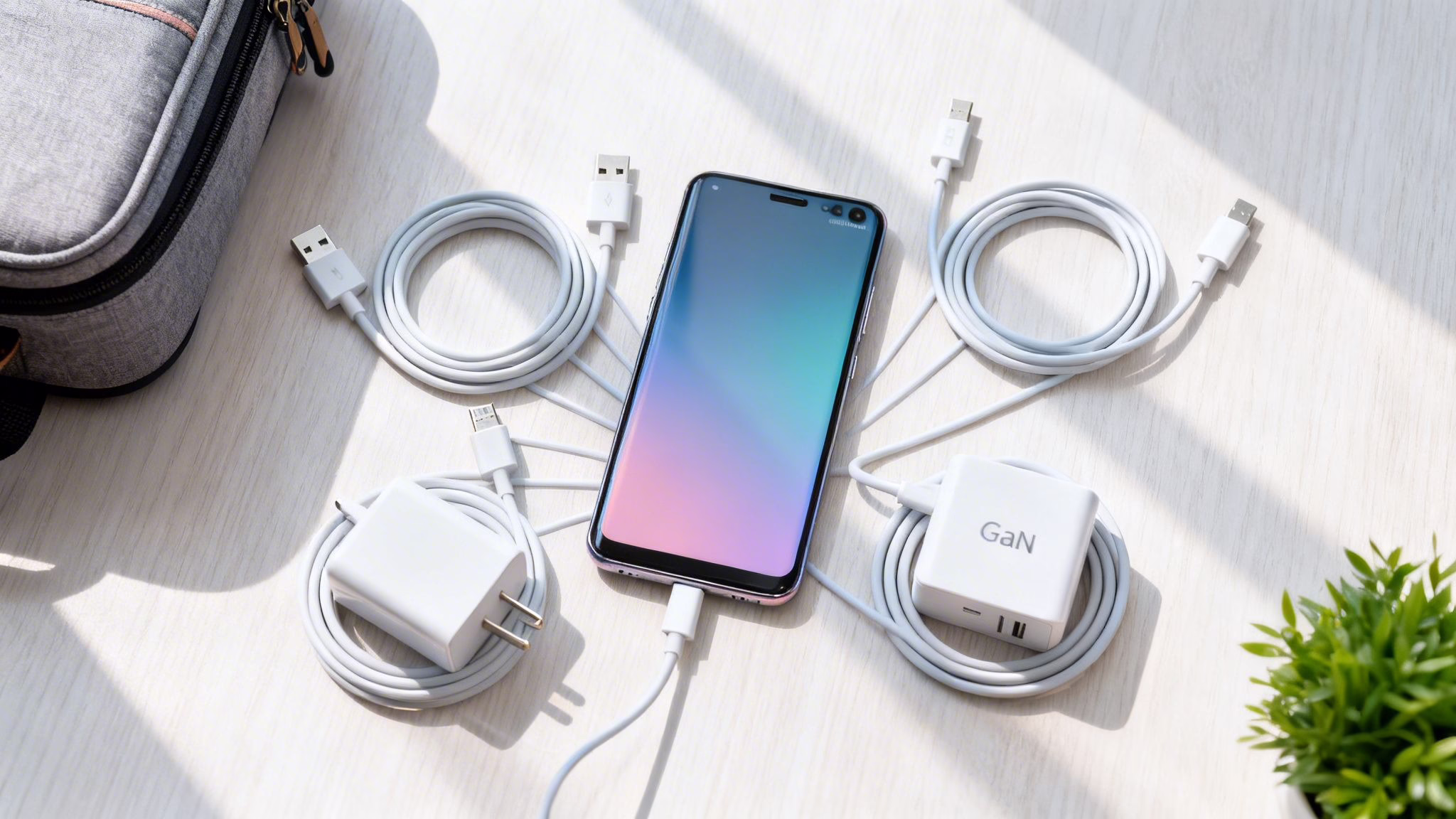 Android smartphone connected to multiple charging cables and a GaN charger, illustrating options for fast charging and USB-C compatibility.