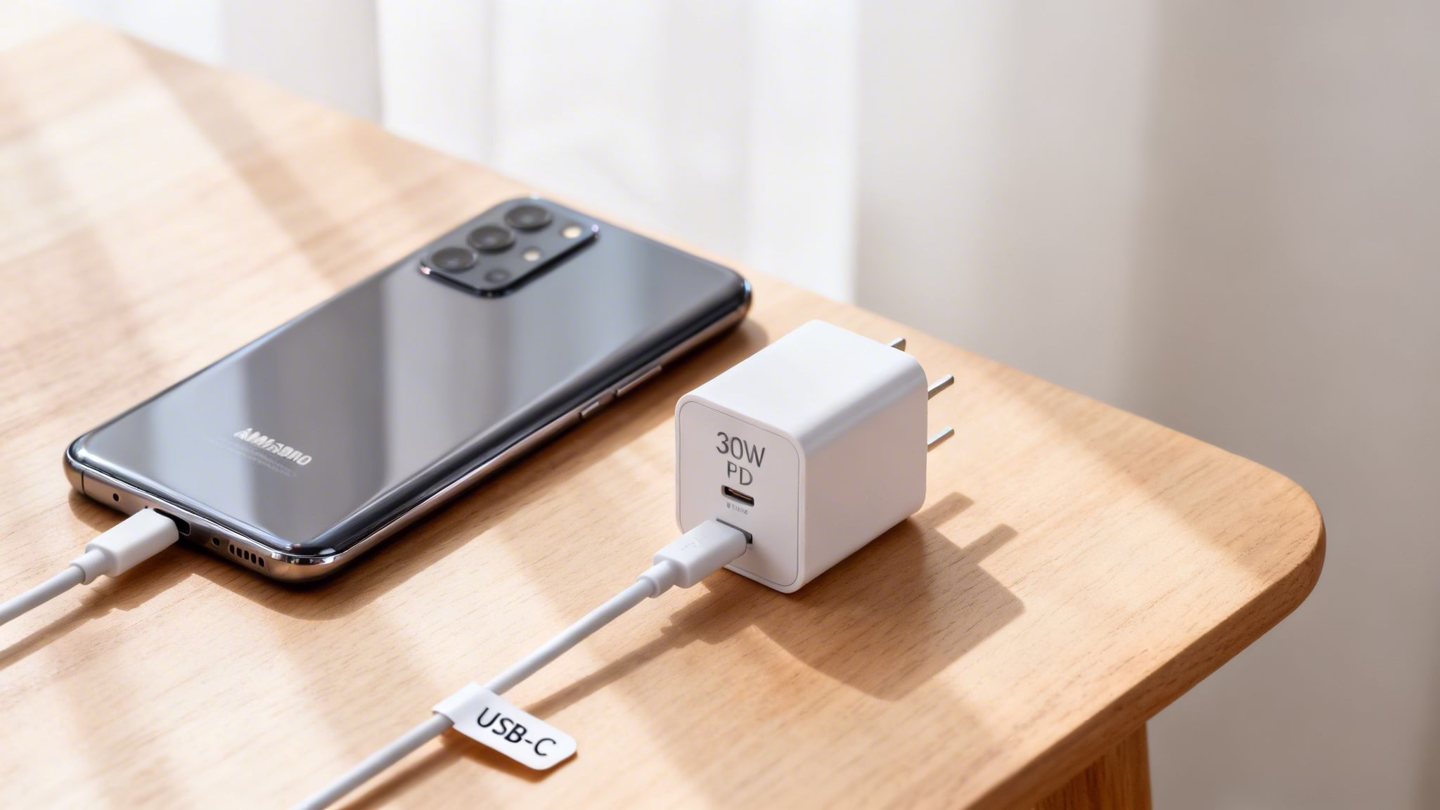 A black Android smartphone charging with a white 30W PD USB-C charger on a wooden table.