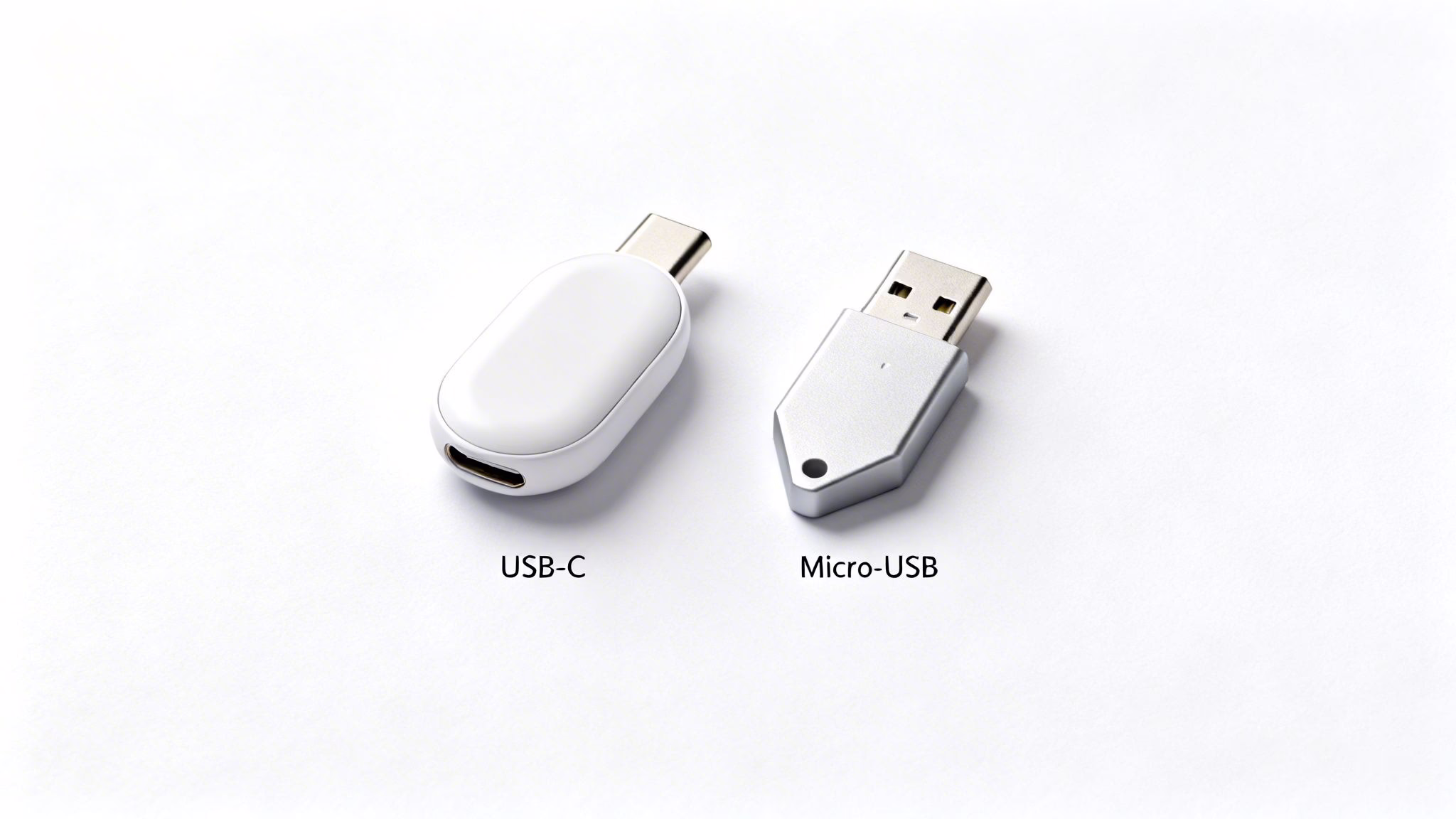 Two USB adapters side-by-side: a white USB-C adapter and a silver Micro-USB adapter on white background.