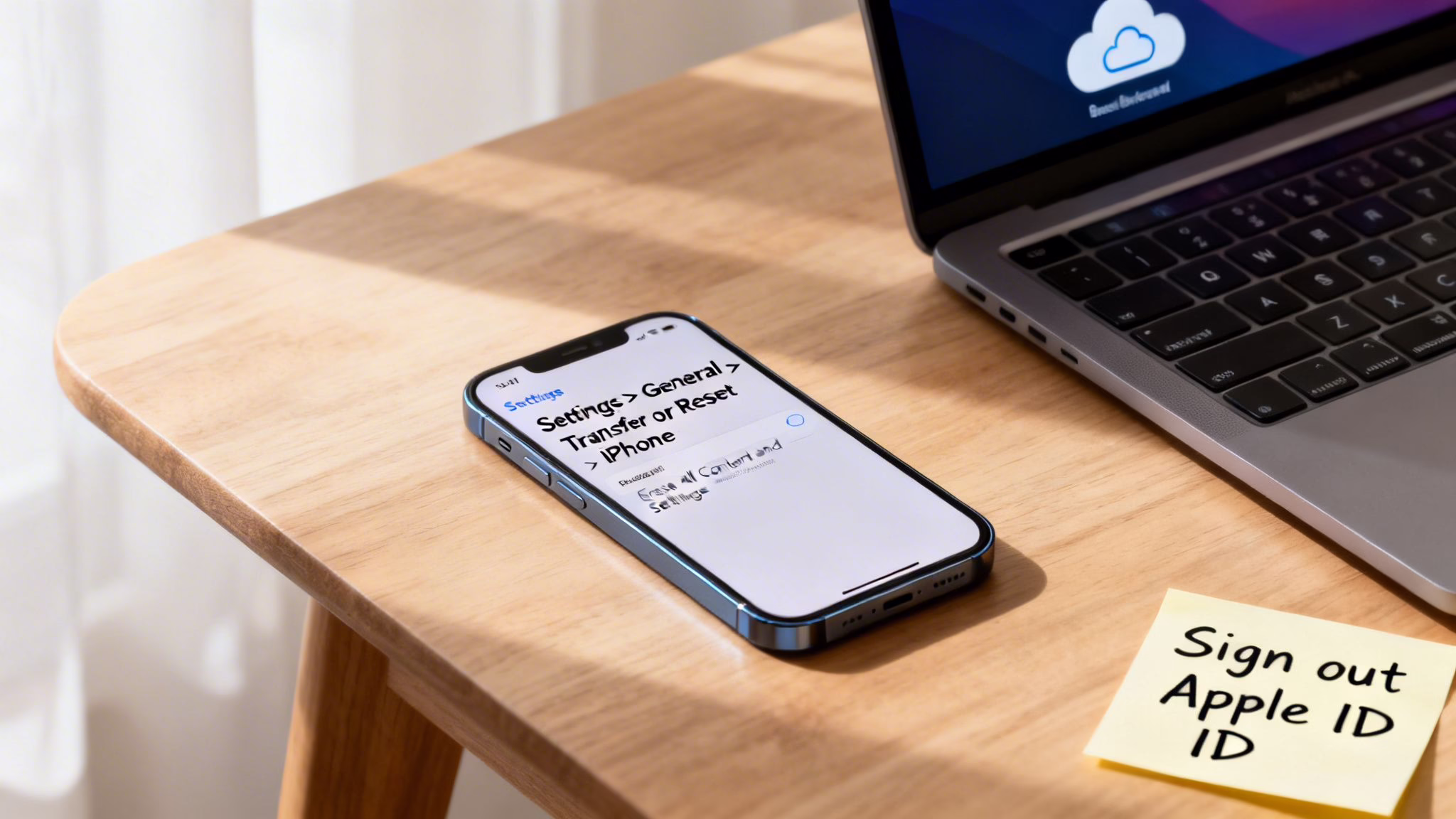 An iPhone on a wooden table showing reset options, with a laptop and a 'Sign out Apple ID' sticky note.