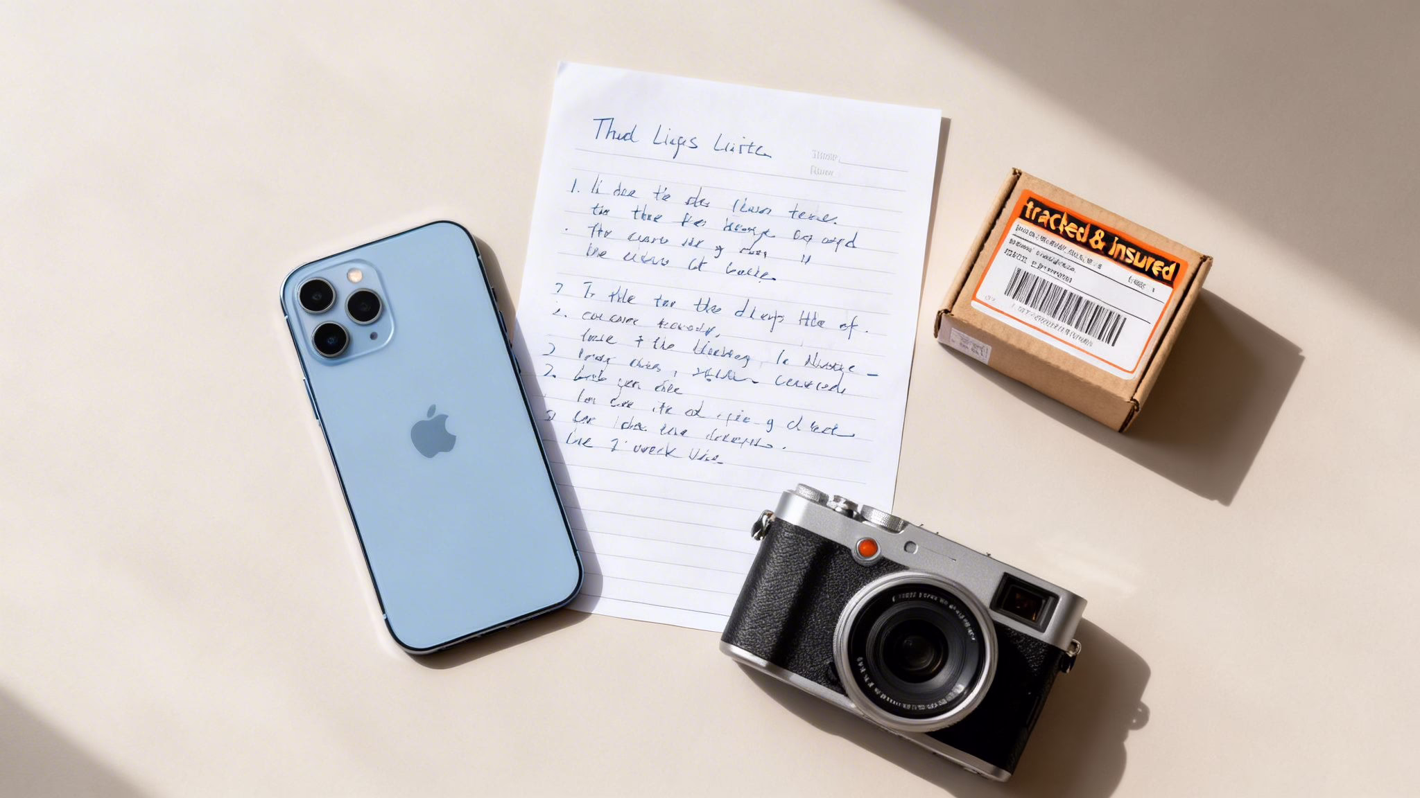 Flat lay of a light blue iPhone, handwritten note, camera, and tracked package on a beige surface.