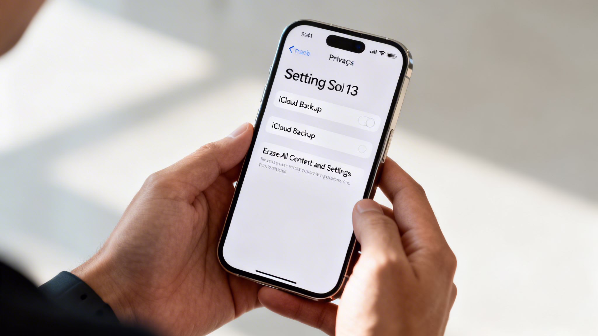 A person holds an iPhone showing the settings screen for iCloud backup and erase options.