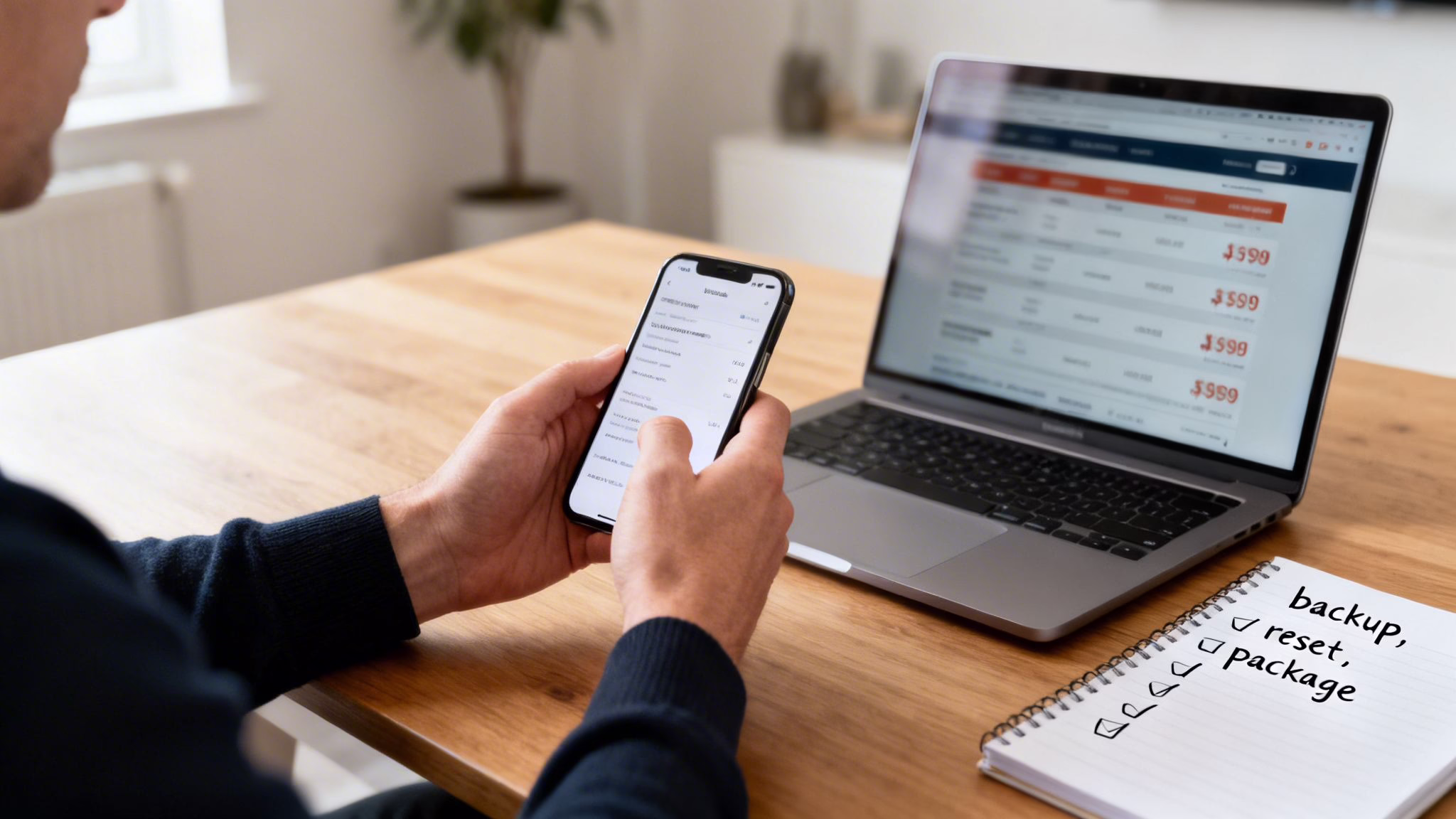 Person holding a smartphone and interacting with a laptop, with a checklist for backup and reset.