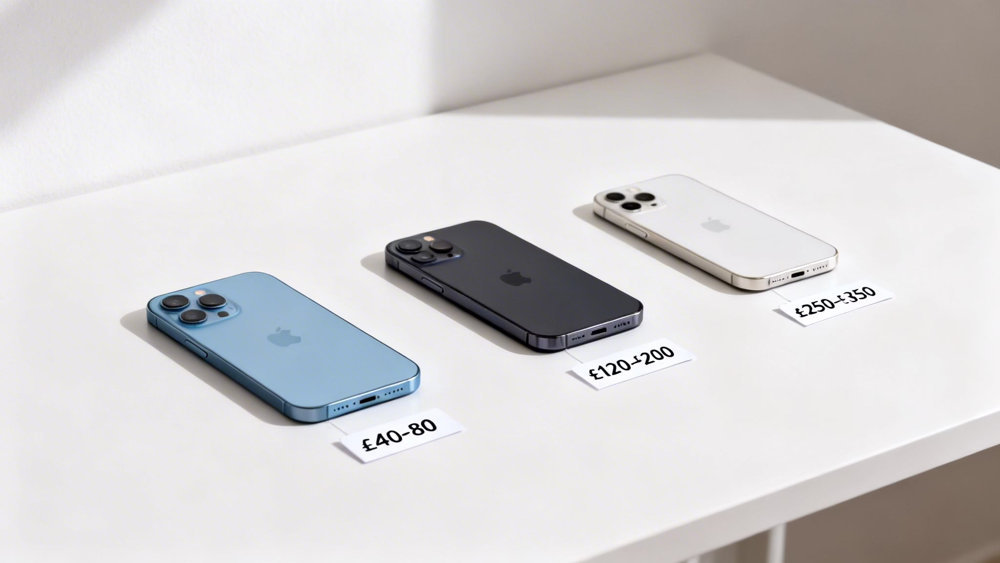 Three different colored iPhones (blue, black, white) with price tags, laid out on a clean white surface, suggesting trade-in or resale values.