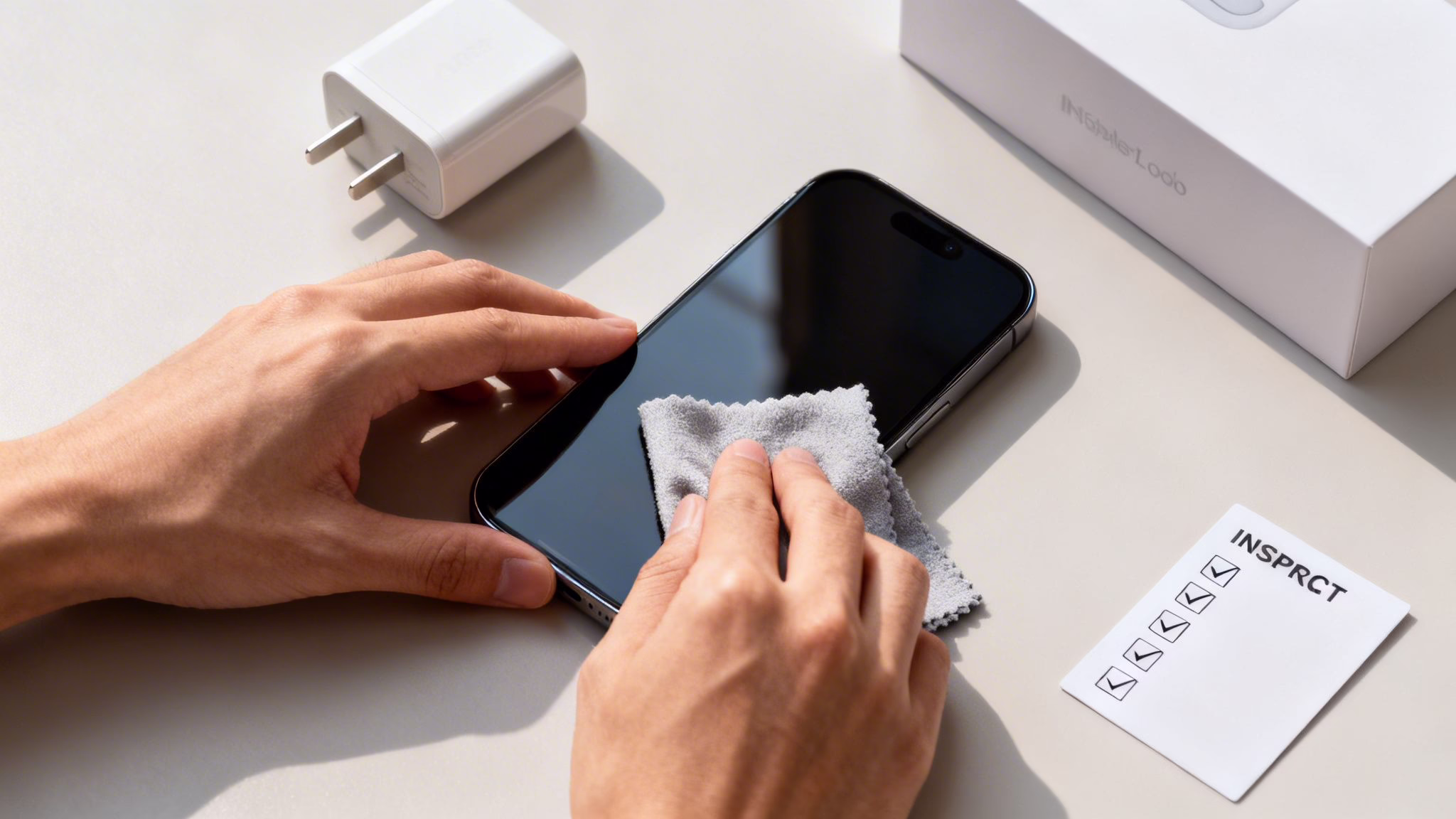 Hands cleaning a modern black smartphone screen with a gray cloth on a light surface.