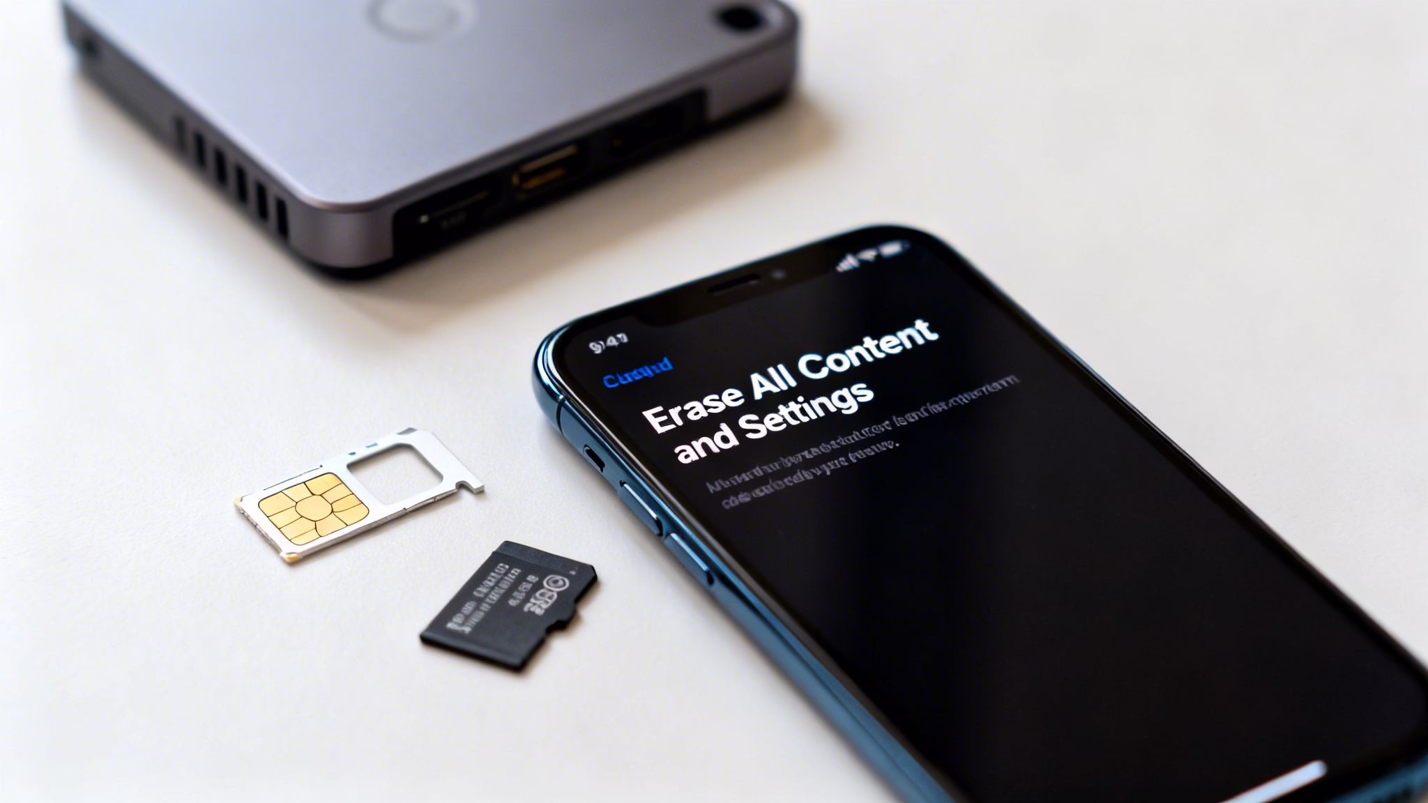 Close-up of an iPhone screen displaying 'Erase All Content and Settings' with a SIM card and SD card nearby.