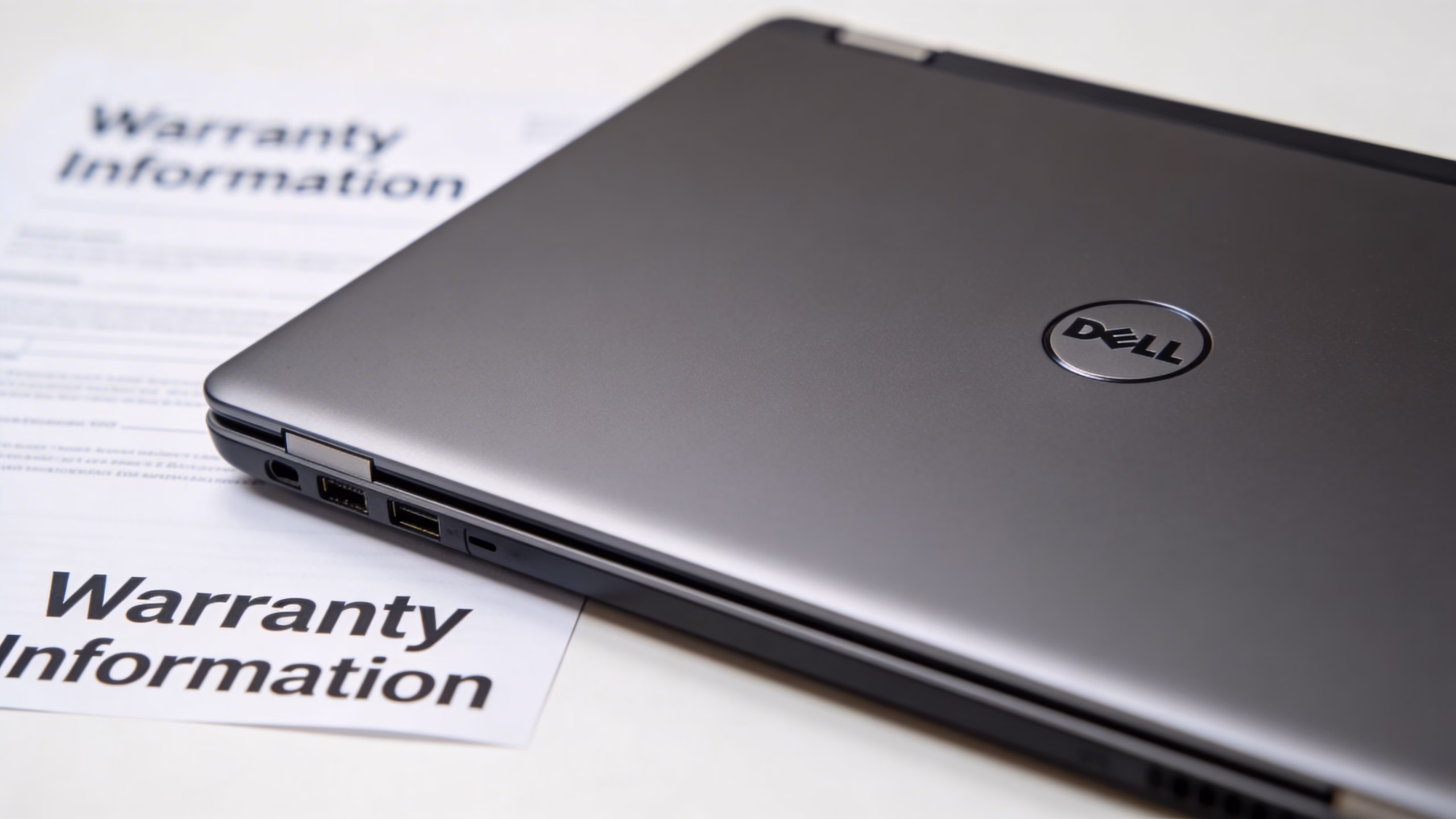 Cheap Dell Laptops: A UK Buyer's Guide for 2026 4 A closed grey Dell laptop resting on a white surface with warranty information documents underneath.
