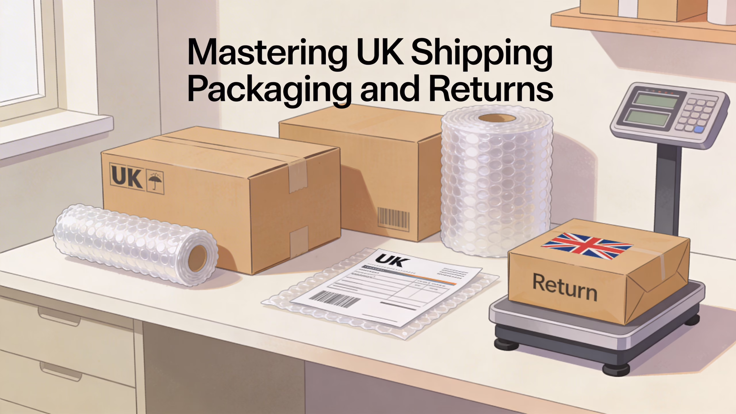 Good Things to Sell on eBay UK: A Seller's Guide 48 Cardboard shipping boxes, packing bubble wrap, and a return parcel on a scale for UK logistics.