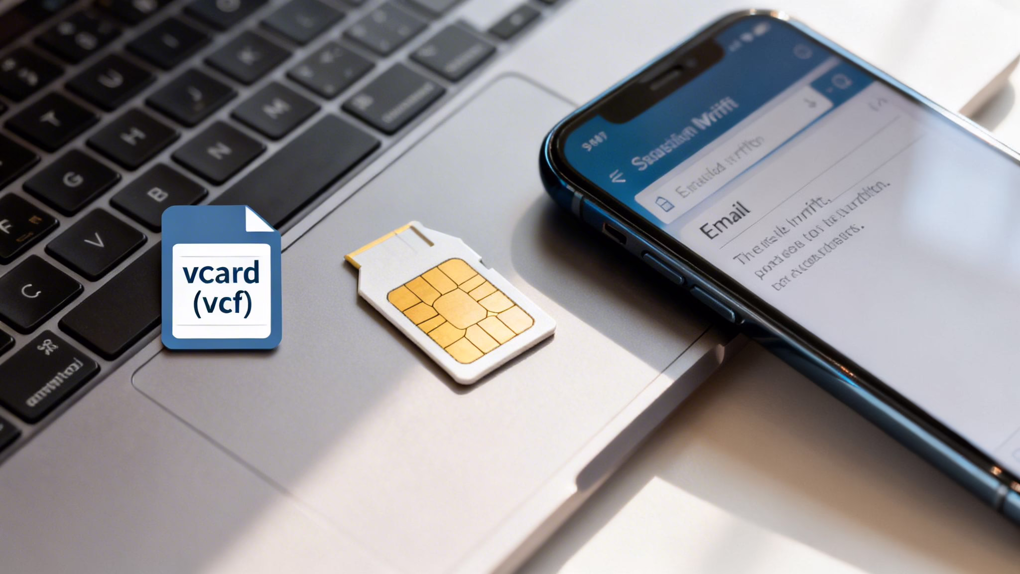 How to Transfer Contacts to Your New Mobile: A Quick Guide 20 Vcard file icon, SIM card, and smartphone on a laptop, representing contact transfer.