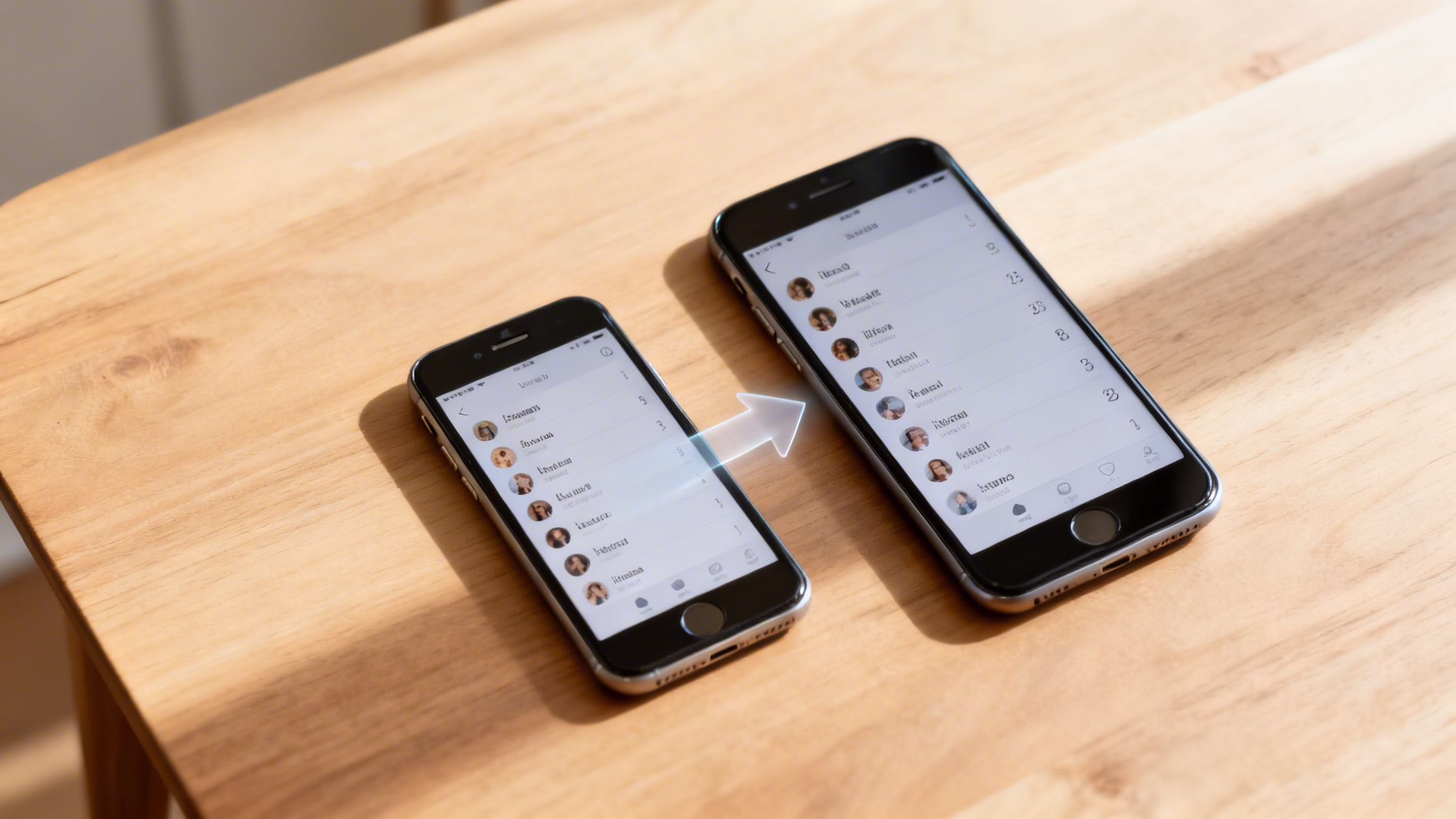 How to Transfer Contacts to Your New Mobile: A Quick Guide 17 Two iPhones on a wooden table, one smaller, one larger, with an arrow indicating data transfer between them.