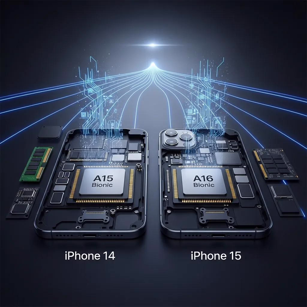 iPhone 14 vs iPhone 15 Refurbished — Which Is the Better Deal in the UK? 2 Internal components of iPhone 14 and iPhone 15 highlighting A15 and A16 chips