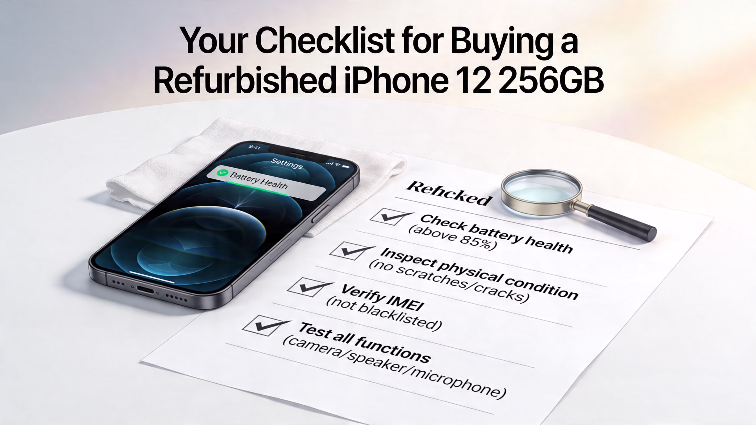 A checklist for buying a refurbished iPhone 12 256GB, featuring inspection steps and a magnifying glass.