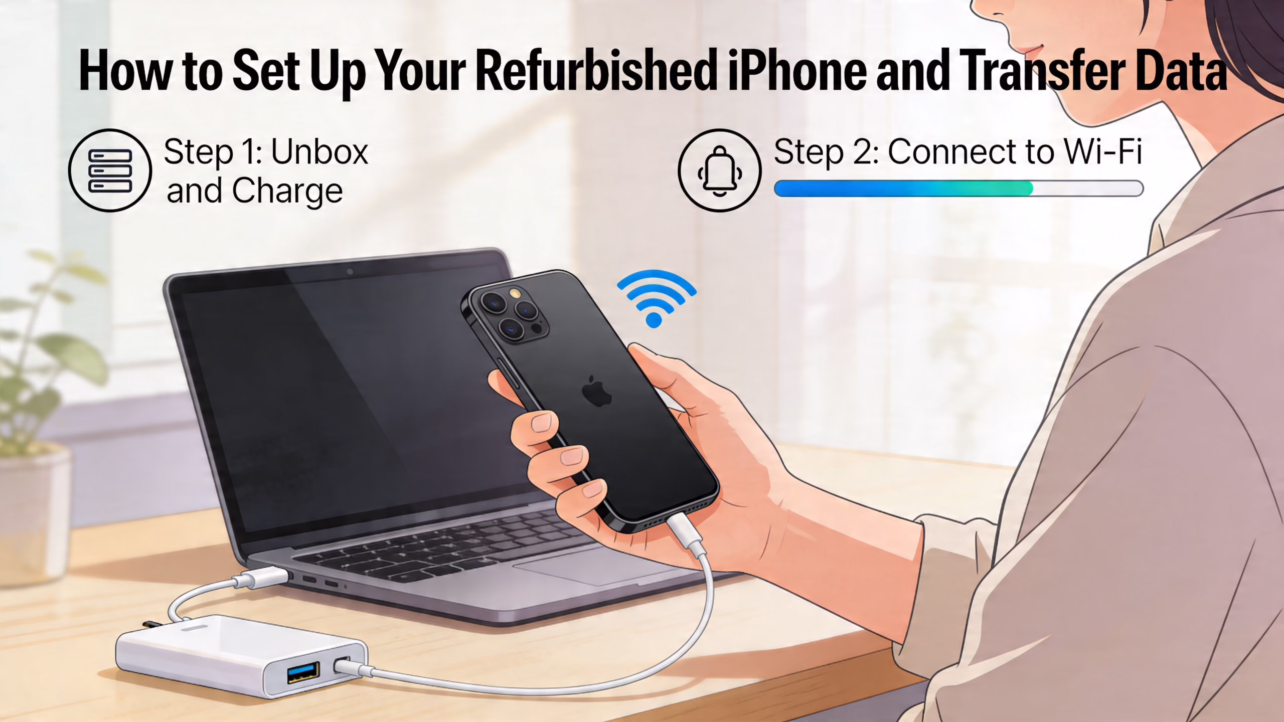 A person holding a refurbished iPhone connected to a laptop for charging and wireless data transfer setup.