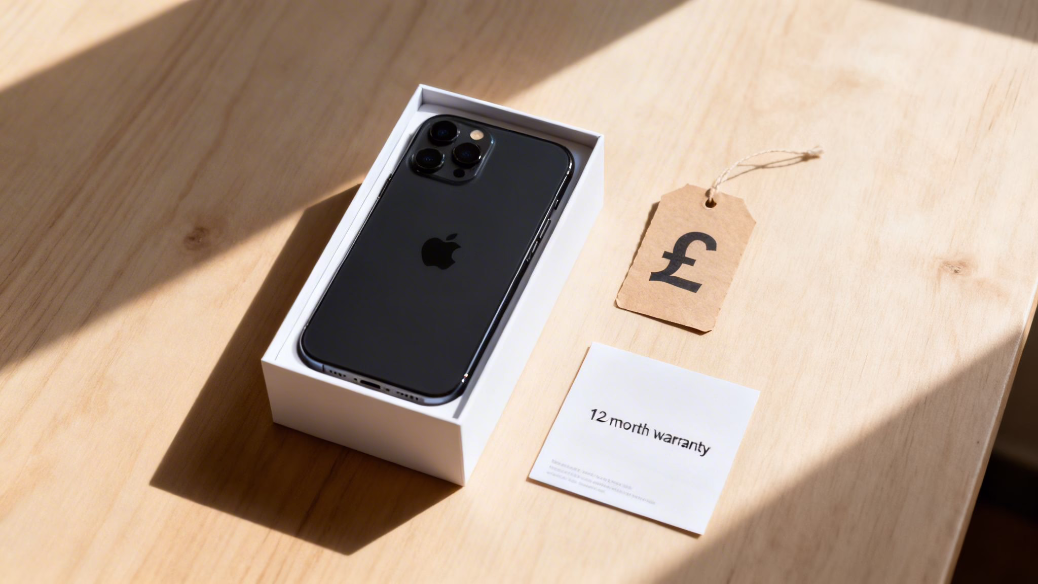 Your Guide to Finding a Cheap Refurbished iPhone in 2026 1 A new black iPhone in its open box, with a pound price tag and 18 Month Warranty card.