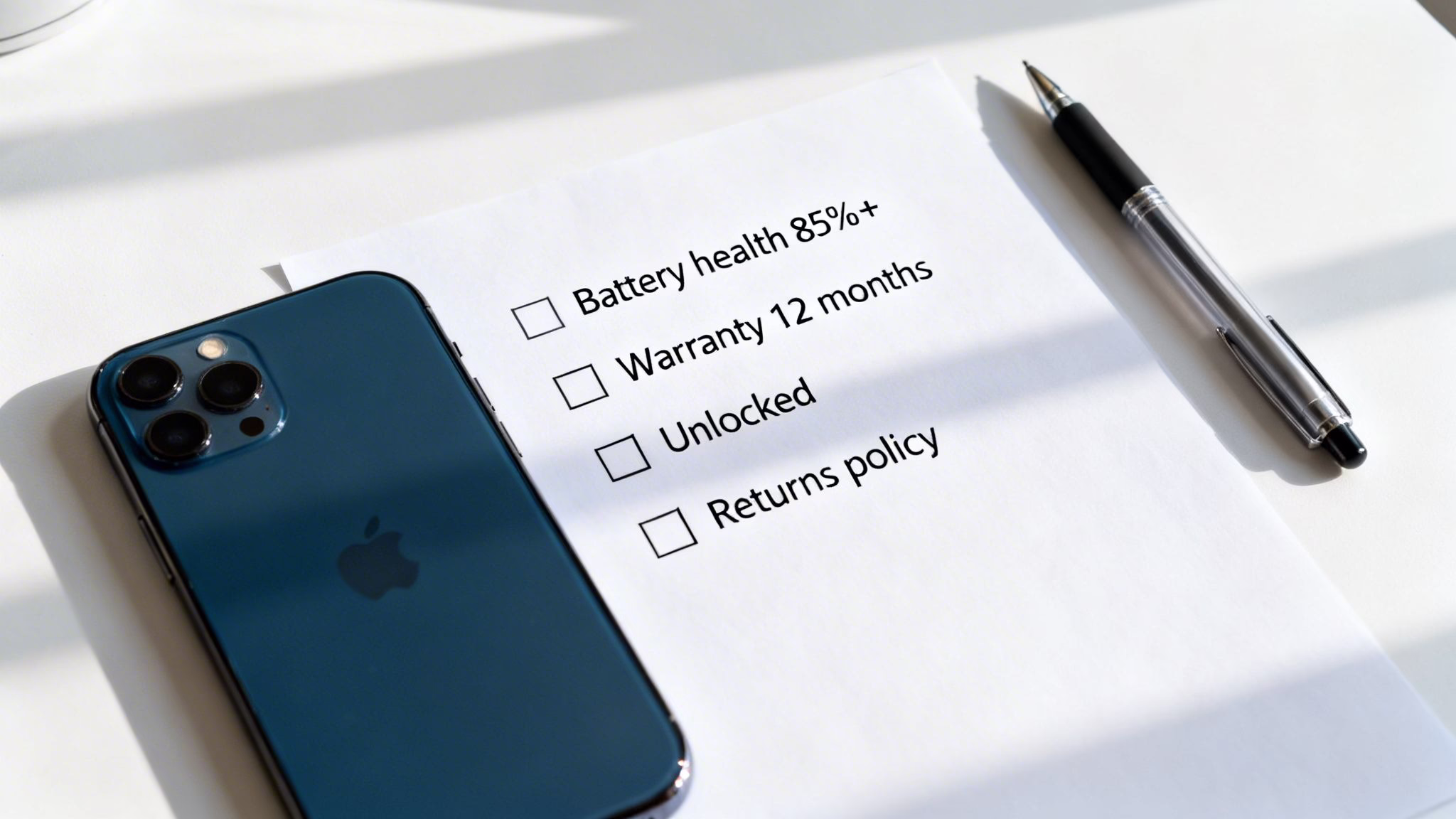 Your Guide to Finding a Cheap Refurbished iPhone in 2026 4 An iPhone next to a checklist for buying, including battery health, warranty, and unlocked status.