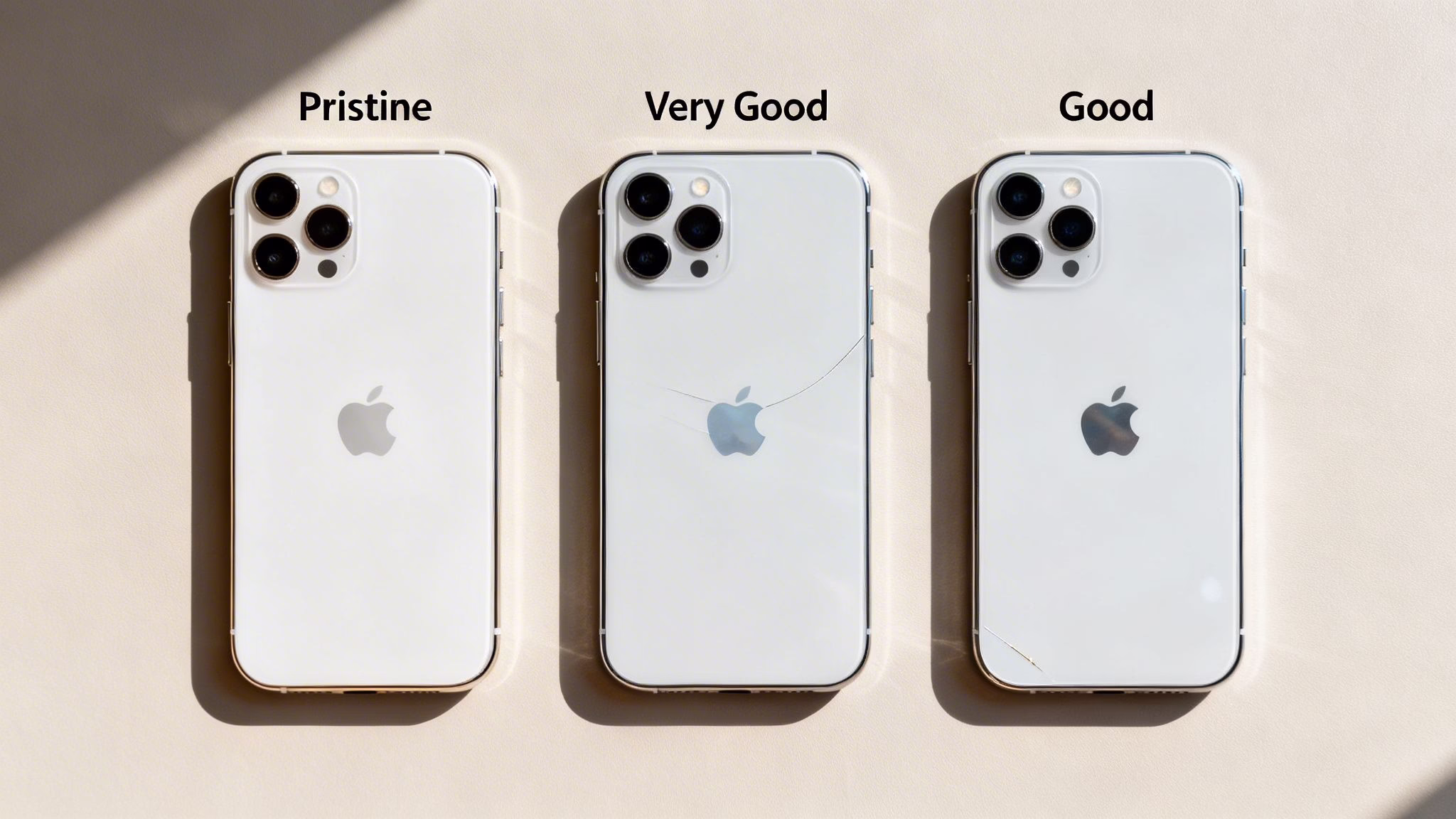 Your Guide to Finding a Cheap Refurbished iPhone in 2026 3 Three white iPhones demonstrating different cosmetic conditions: pristine, very good with a minor crack, and good with a noticeable crack.
