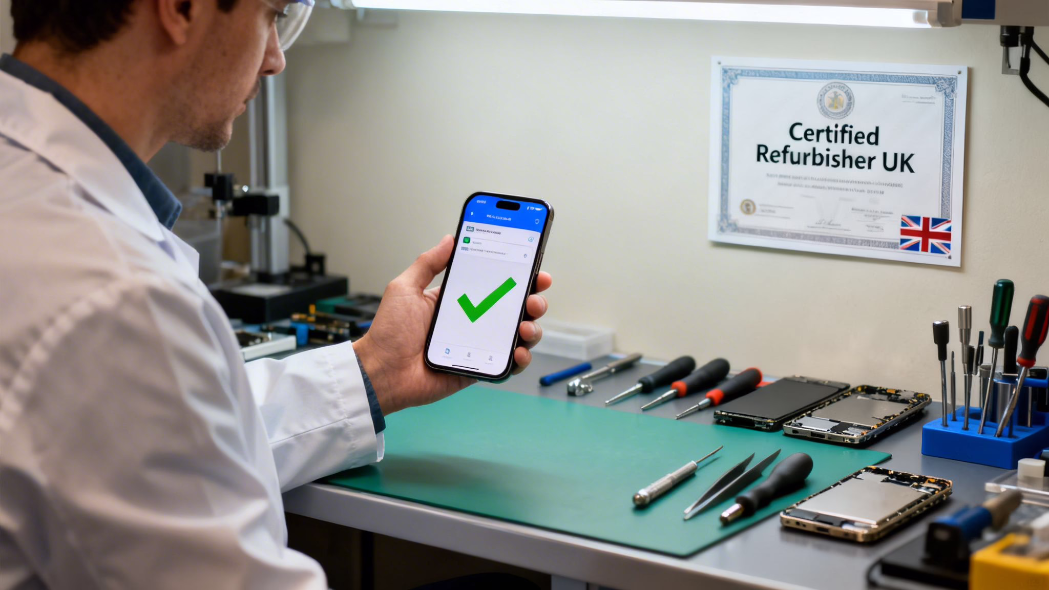 Your Guide to Finding a Cheap Refurbished iPhone in 2026 2 A technician in a lab coat inspects a smartphone showing a green checkmark in a certified refurbishing workshop.