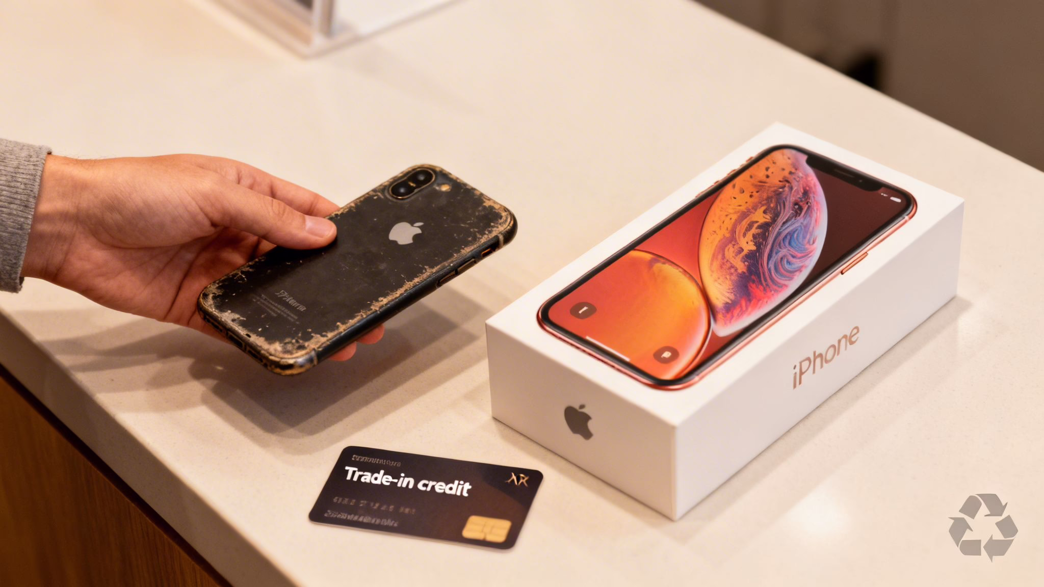 A person holding a heavily damaged old iPhone next to a new iPhone XR box and a trade-in credit card.
