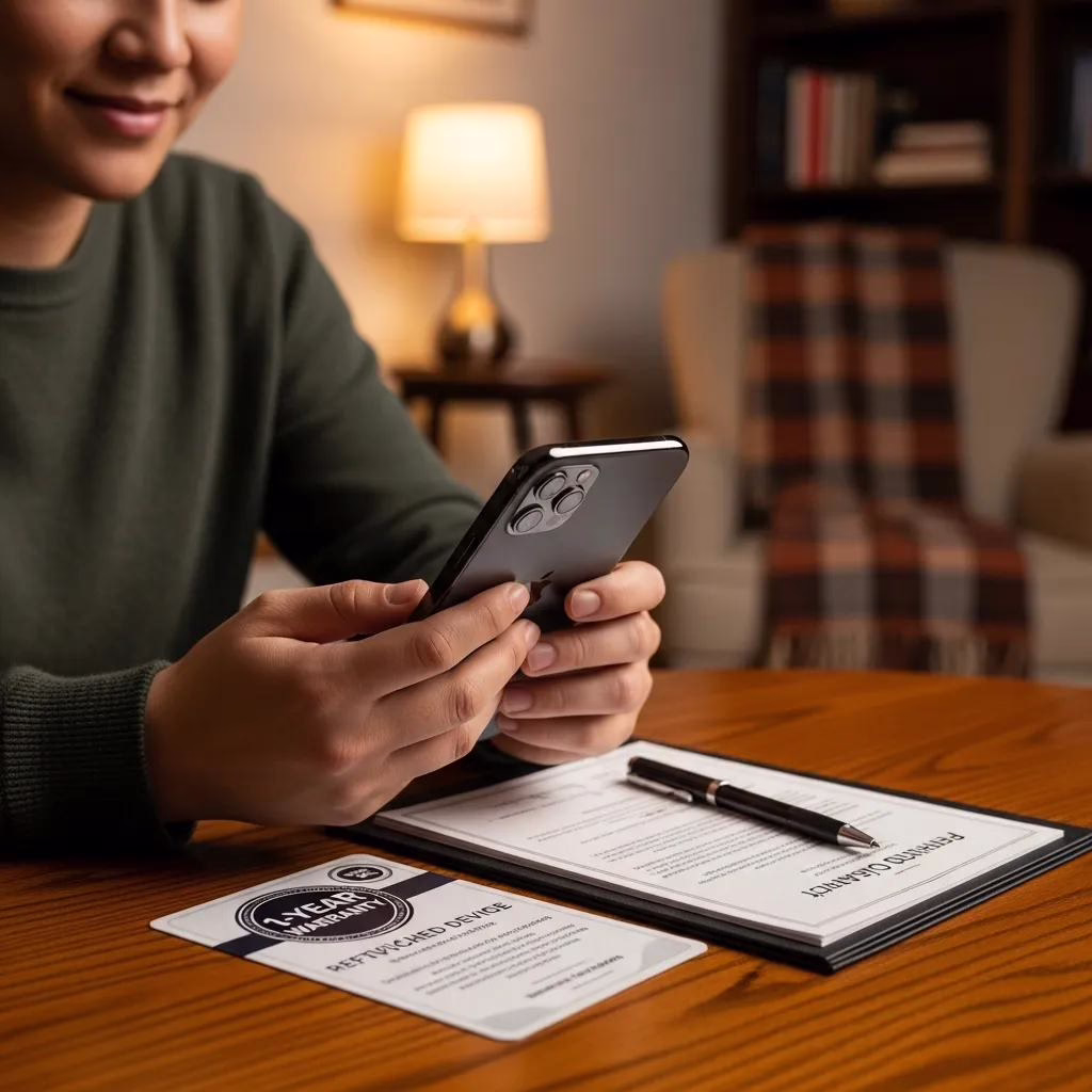 Person examining a refurbished iPhone 16 Pro Max with warranty documentation in a cozy home setting
