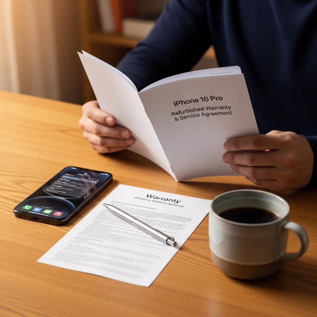 Person reviewing warranty documents for a refurbished iPhone 16 Pro