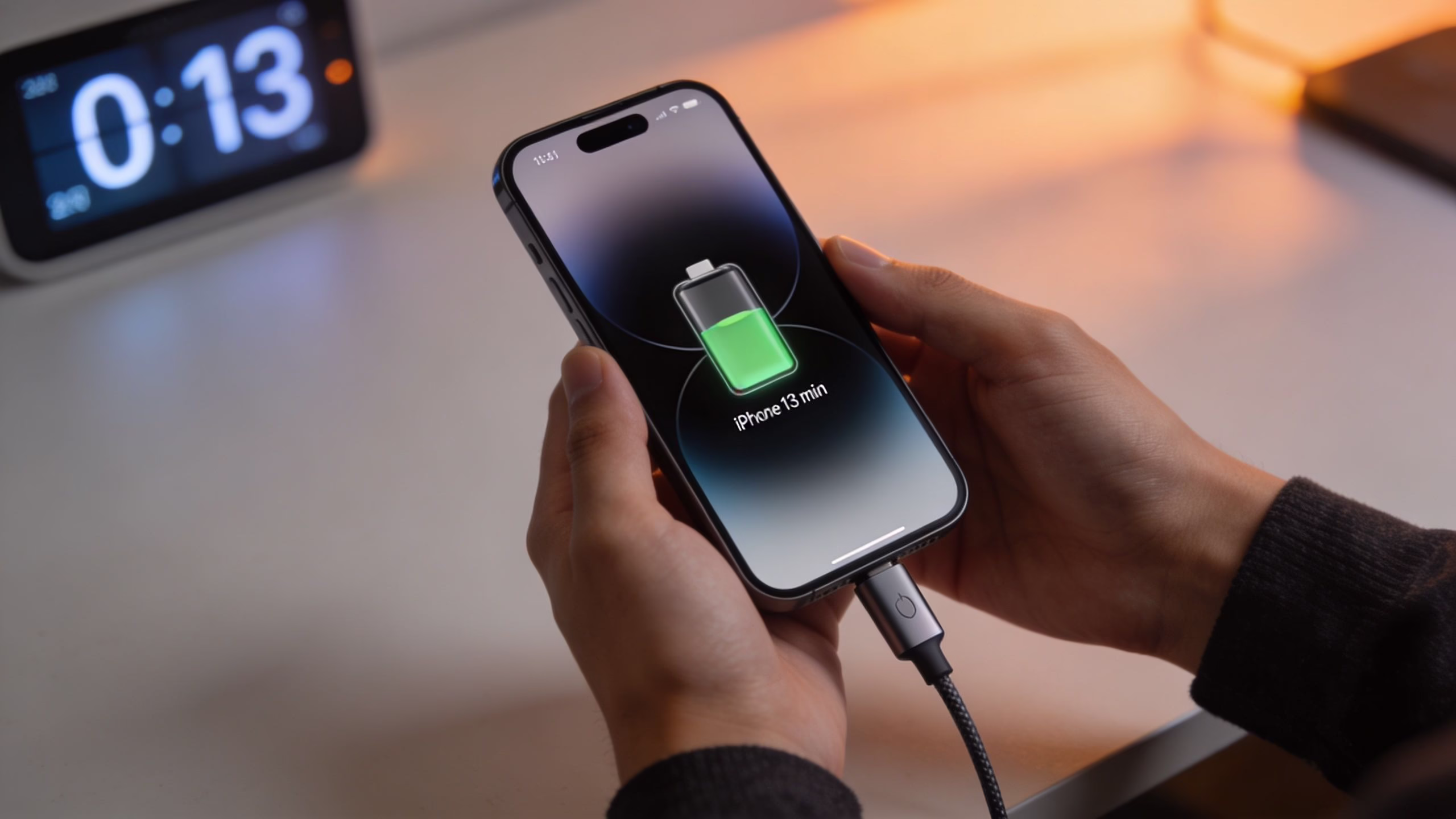 Refurbished iPhone 13 Mini Buyer's Guide (2026) 167 Person holding an iPhone with a charging battery icon on the screen while plugged into a cable.