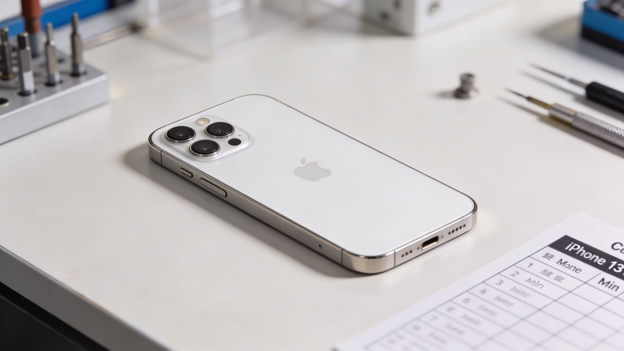 Refurbished iPhone 13 Mini Buyer's Guide (2026) 166 A silver Apple iPhone 13 Pro placed on a clean desk next to professional repair tools and documentation.