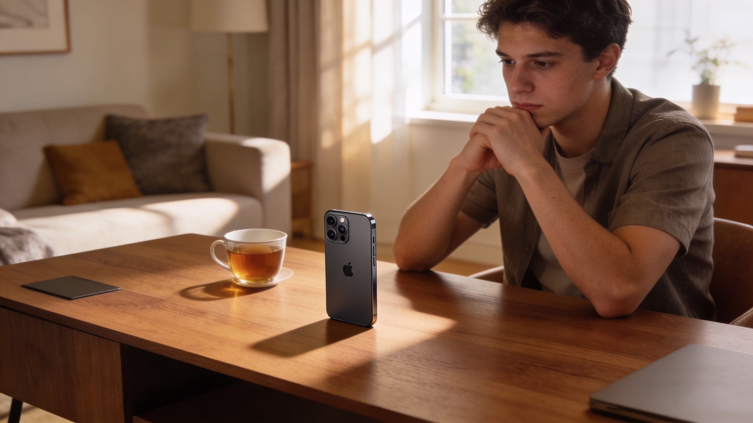 Refurbished iPhone 13 Mini Buyer's Guide (2026) 165 A young man sitting at a wooden desk thoughtfully looking at a smartphone standing upright.
