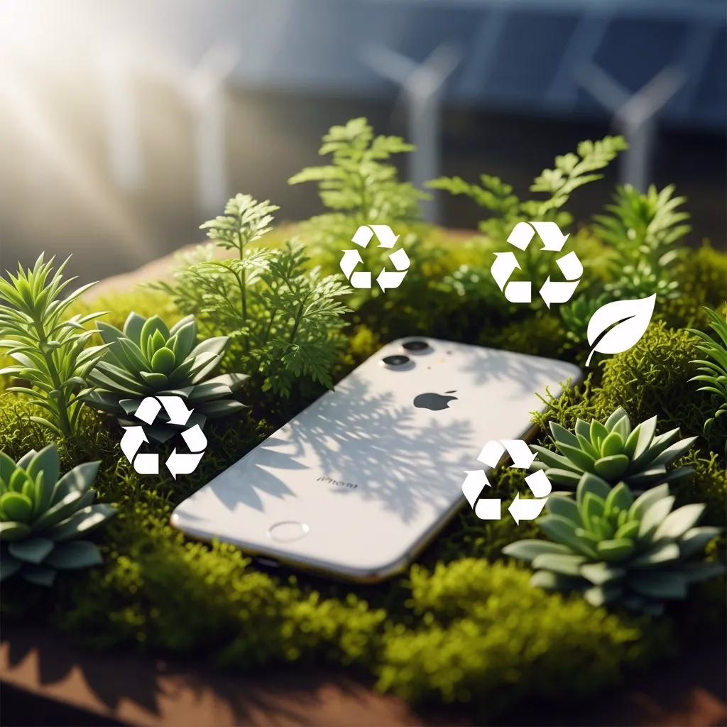 Refurbished iPhone 16 surrounded by plants symbolizing environmental sustainability