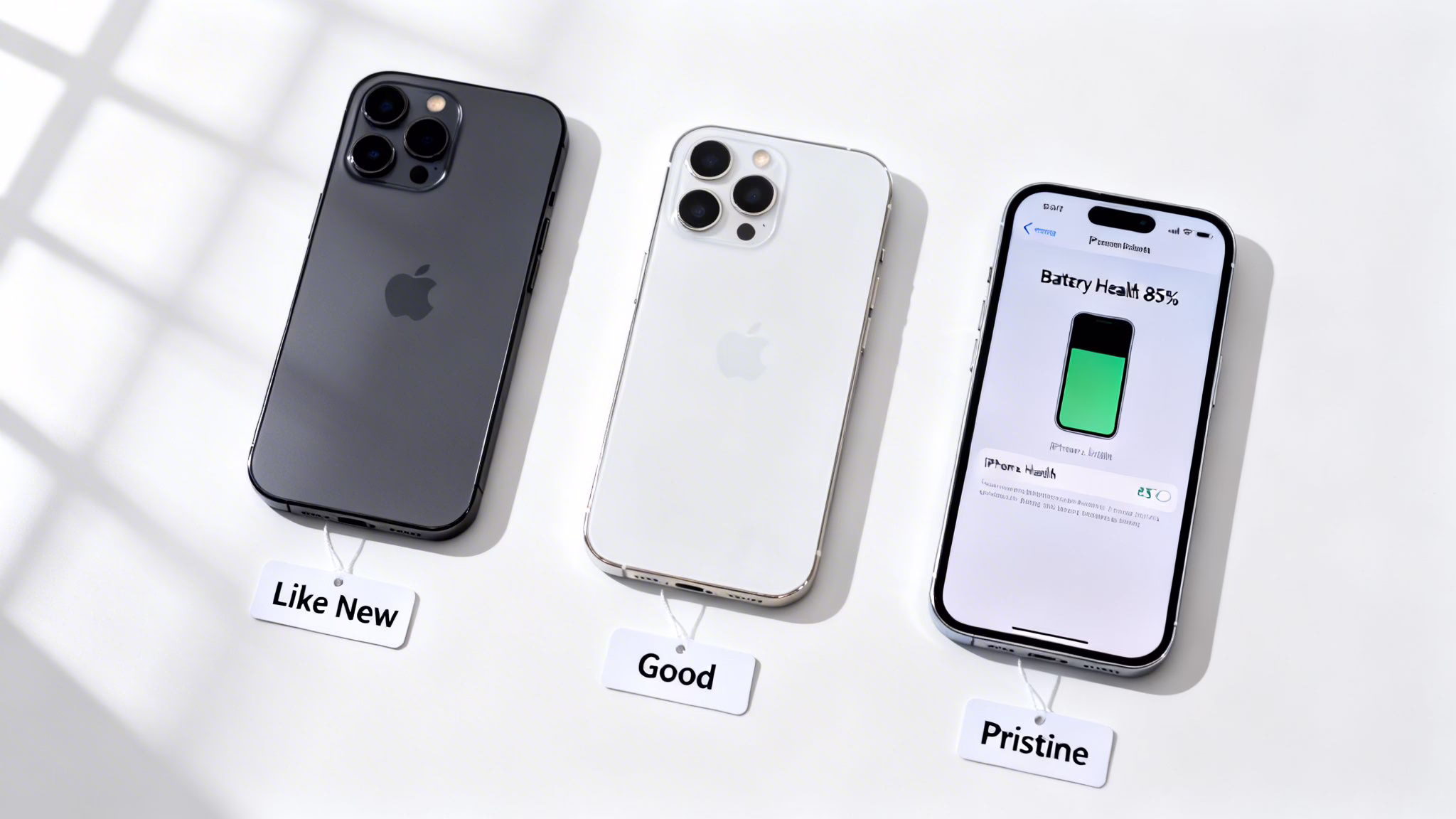 Three iPhones representing different quality grades: Like New, Good, and Pristine, on a white background.
