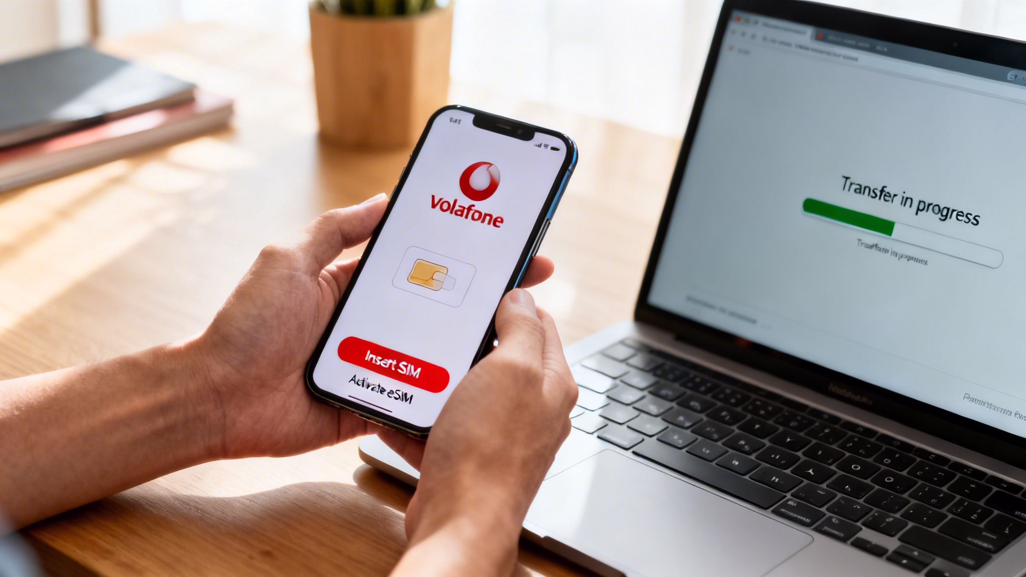 Person holding smartphone displaying Vodafone app for SIM card activation, with a laptop showing data transfer.