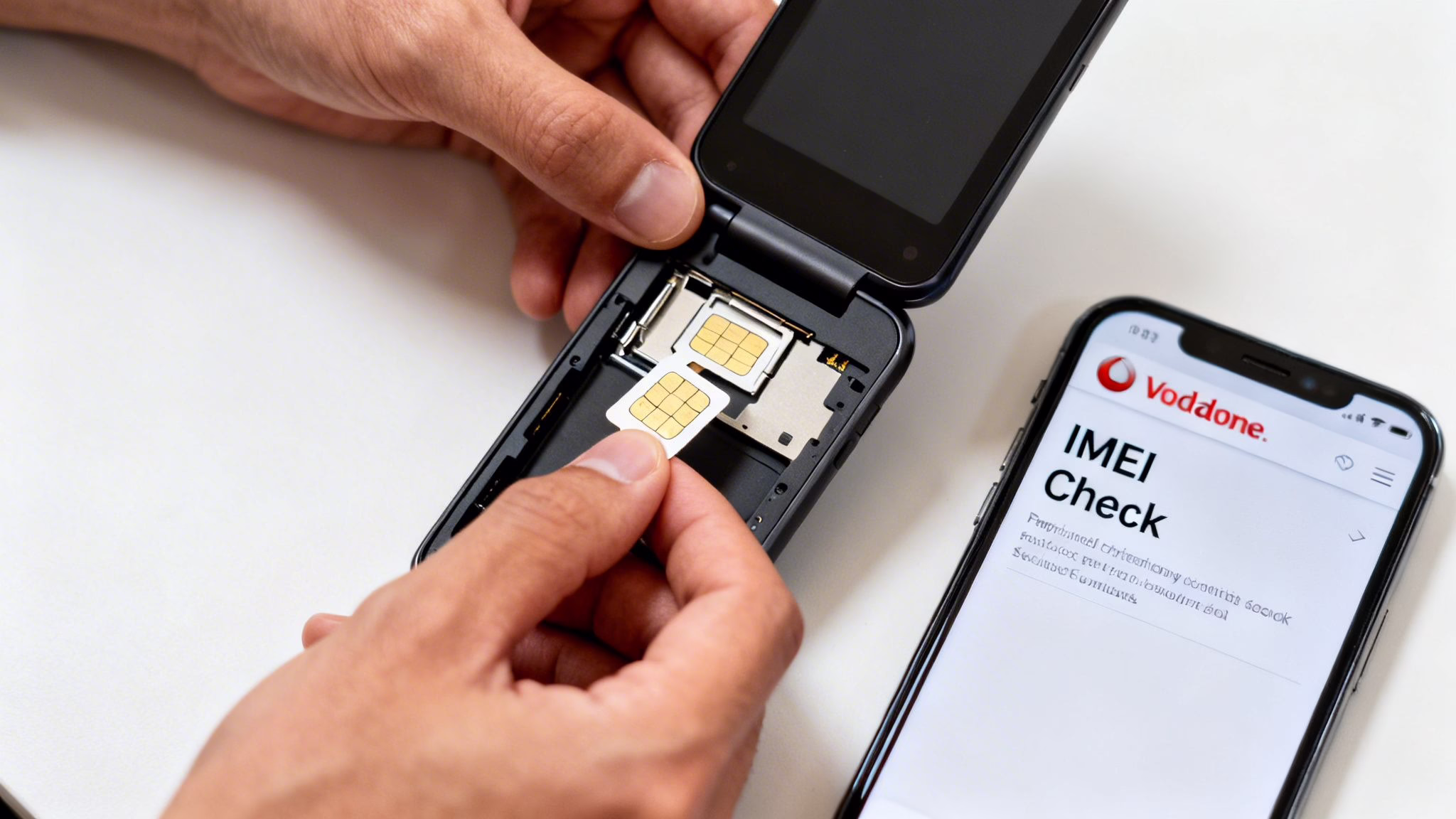 Hands insert a SIM card into a black flip phone, with a Vodafone IMEI check displayed on a smartphone.