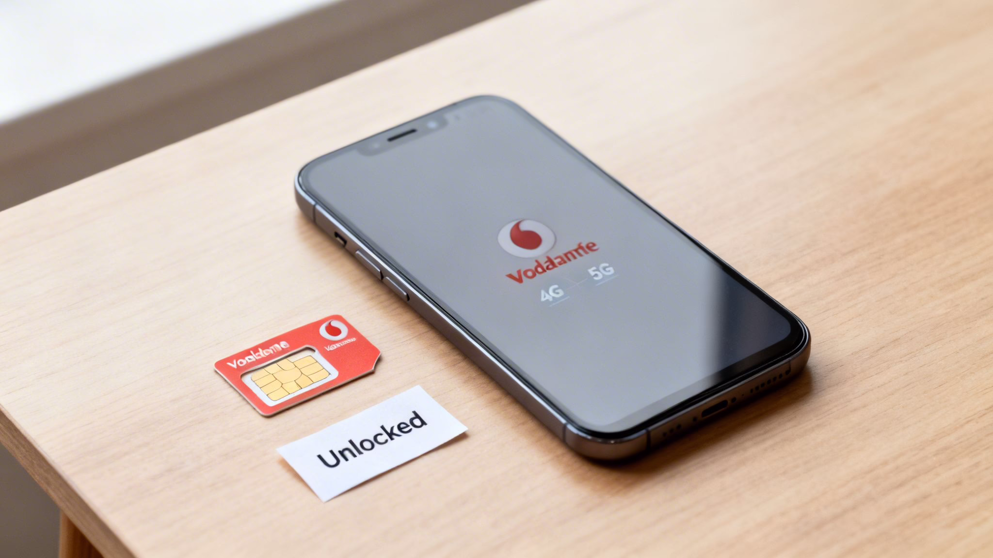 A black smartphone displaying the Vodafone logo with 4G/5G, a Vodafone SIM card, and an 'Unlocked' note on a wooden table.