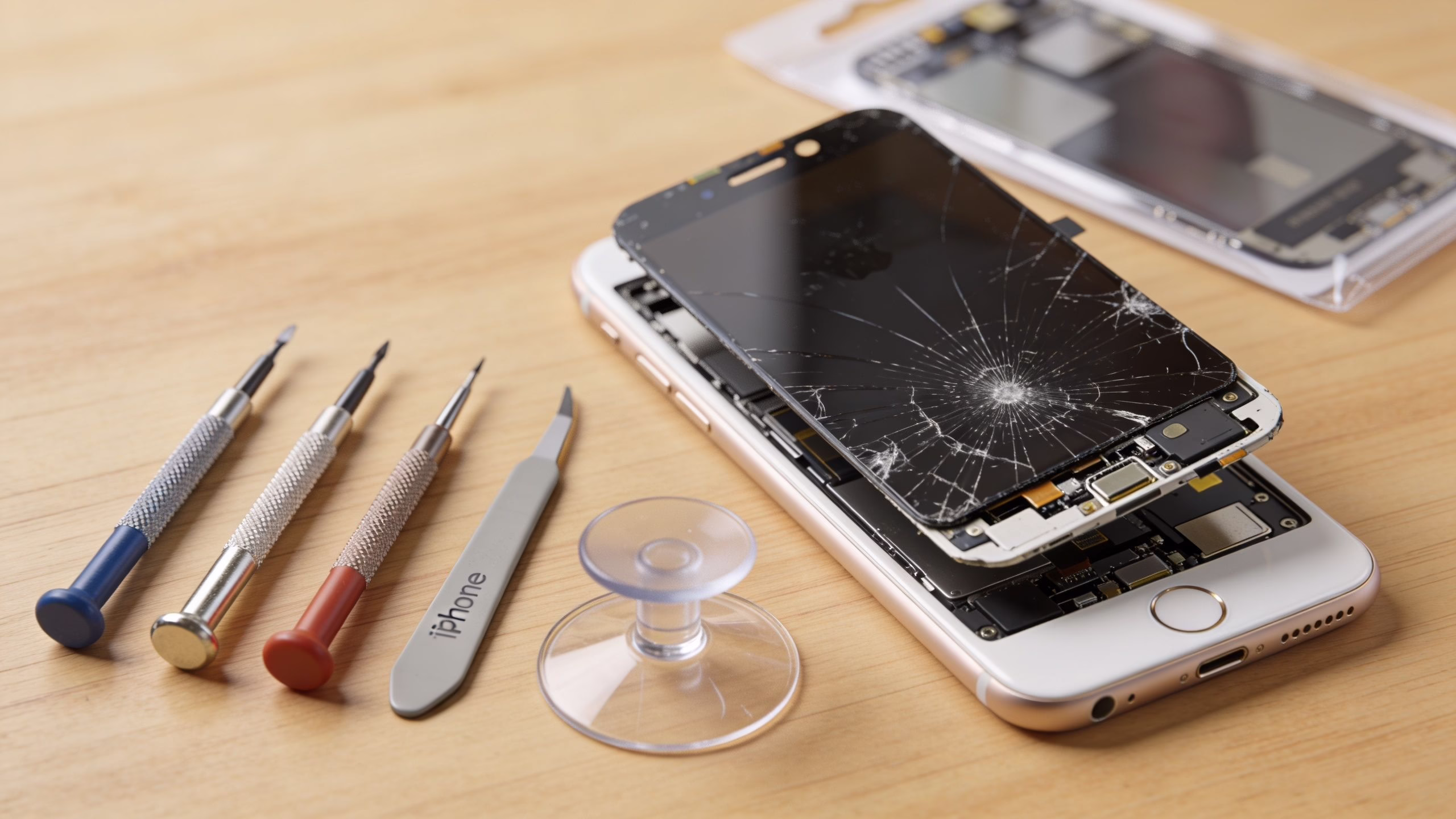 How to Repair Broken iPhone Screen 1 A broken iPhone screen being prepared for repair with professional screwdrivers, a prying tool, and a suction cup.