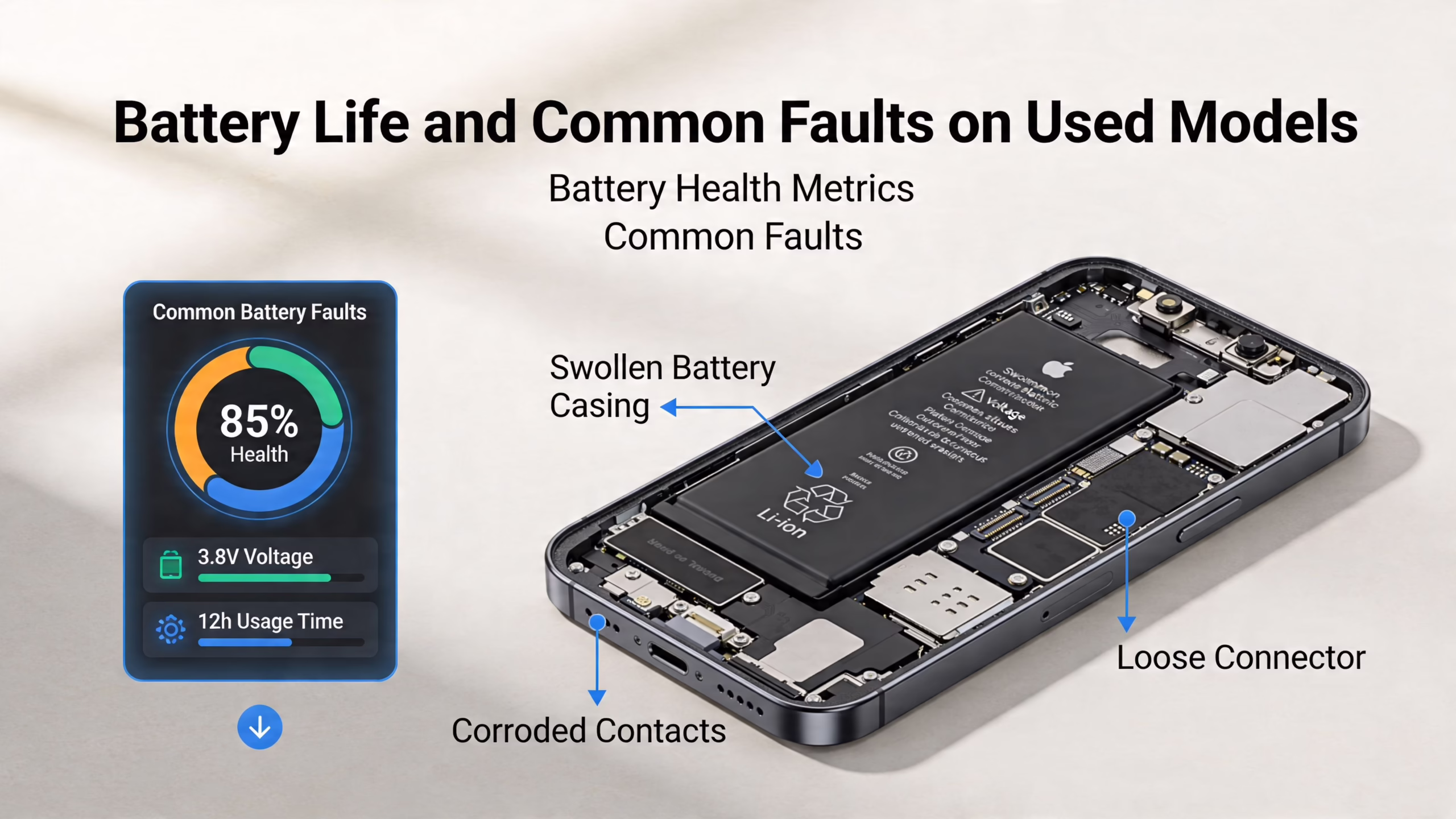 Samsung S9 Plus in 2026: A UK Buyer's Guide 3 An internal view of a smartphone showing battery health, swollen casing, corroded contacts, and a loose connector.